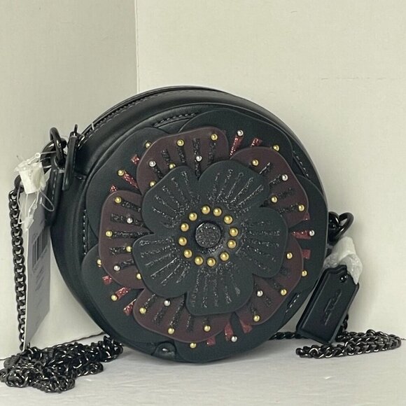 Coach Tea Rose Crossbody CE782 Small Round Leather Chain Shoulder Strap Floral - Picture 4 of 14